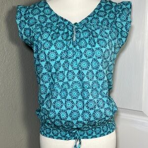 🐳Vintage Blouse OP Blue Flutter Sleeve Tie Front 100% Cotton